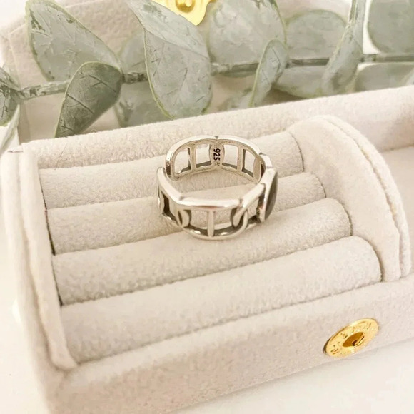 925 Sterling Silver Black Circle Ring Curb Link Ring Chain Link Ring Modern Ring - Picture 9 of 9